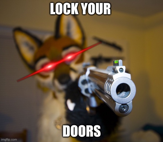 Lock your doors | LOCK YOUR; DOORS | image tagged in furry with gun | made w/ Imgflip meme maker