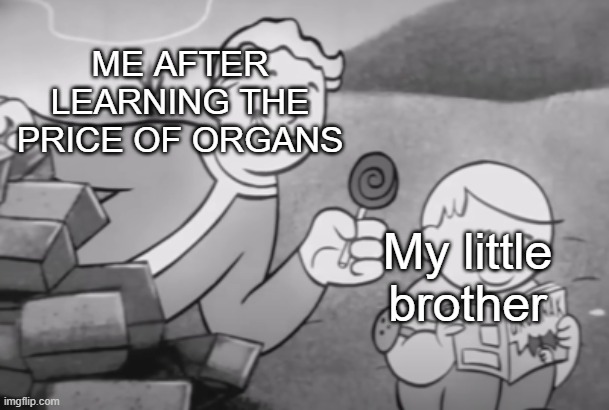 Organ Harvesting with Vault Boy! | ME AFTER LEARNING THE PRICE OF ORGANS; My little brother | image tagged in vault kid | made w/ Imgflip meme maker