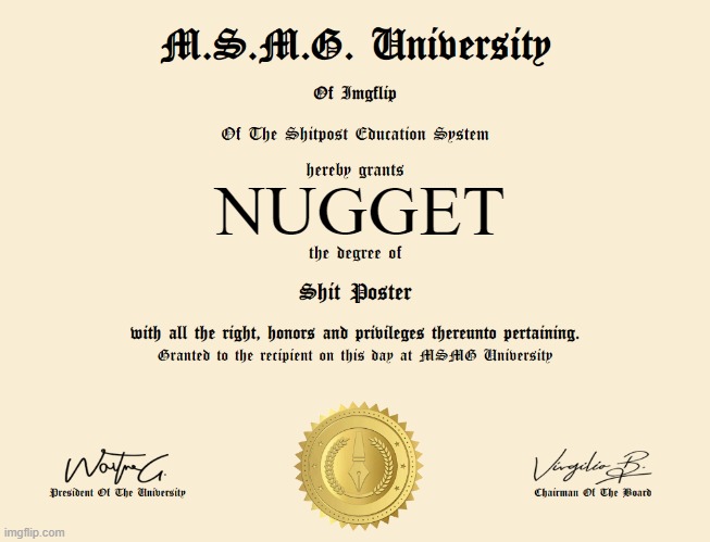 Shit Poster degree | NUGGET | image tagged in shit poster degree | made w/ Imgflip meme maker