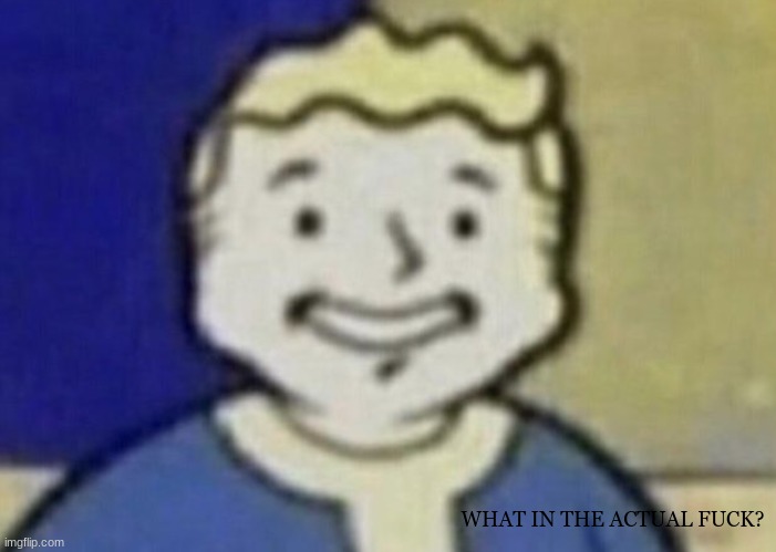 Vault boy facing forward | WHAT IN THE ACTUAL FUCK? | image tagged in vault boy facing forward | made w/ Imgflip meme maker