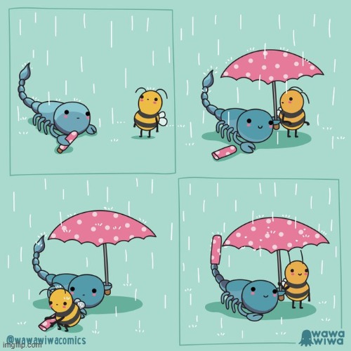 image tagged in bee,scorpion,rain,umbrella,tail,aww | made w/ Imgflip meme maker