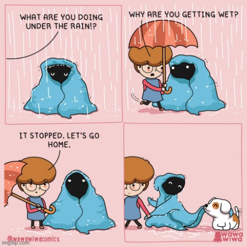 The first two characters are from the graphic novel series 'Peculiar Woods', which I recommend you read if you love Wawawiwa! | image tagged in blanket,rain,umbrella,wet,dog,protection | made w/ Imgflip meme maker