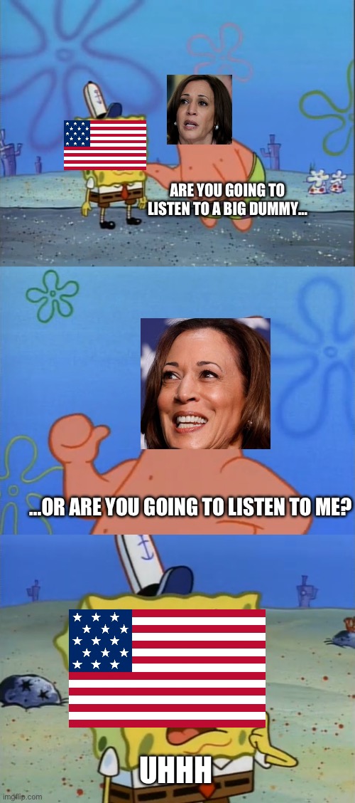 The Big Dummy | ARE YOU GOING TO LISTEN TO A BIG DUMMY…; …OR ARE YOU GOING TO LISTEN TO ME? UHHH | image tagged in kamala harris,spongebob,patrick star | made w/ Imgflip meme maker