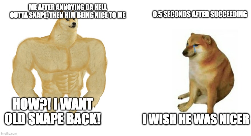 And de cycle repeats | ME AFTER ANNOYING DA HELL OUTTA SNAPE, THEN HIM BEING NICE TO ME; 0.5 SECONDS AFTER SUCCEEDING; HOW?! I WANT OLD SNAPE BACK! I WISH HE WAS NICER | image tagged in buff doge vs crying cheems | made w/ Imgflip meme maker
