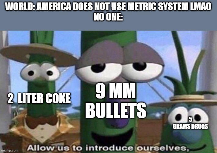 VeggieTales 'Allow us to introduce ourselfs' | WORLD: AMERICA DOES NOT USE METRIC SYSTEM LMAO
NO ONE:; 2  LITER COKE; 9 MM BULLETS; 5 GRAMS DRUGS | image tagged in veggietales 'allow us to introduce ourselfs' | made w/ Imgflip meme maker