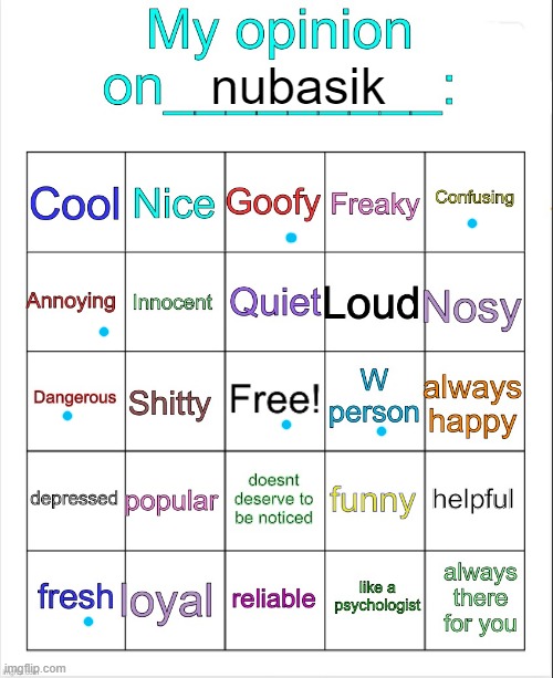 My opinion on ___ bingo by owu | nubasik | image tagged in my opinion on ___ bingo by owu | made w/ Imgflip meme maker