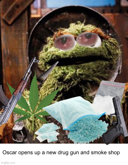 Be Smart Don’t Start | Oscar opens up a new drug gun and smoke shop | image tagged in oscar the grouch,drugs are bad,drug dealer,sesame street,guns,weed | made w/ Imgflip meme maker