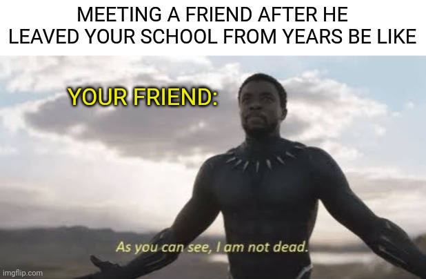 As you can see, i am not dead | MEETING A FRIEND AFTER HE LEAVED YOUR SCHOOL FROM YEARS BE LIKE; YOUR FRIEND: | image tagged in as you can see i am not dead | made w/ Imgflip meme maker