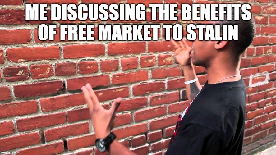 guy explaining to brick wall | ME DISCUSSING THE BENEFITS OF FREE MARKET TO STALIN | image tagged in guy explaining to brick wall | made w/ Imgflip meme maker
