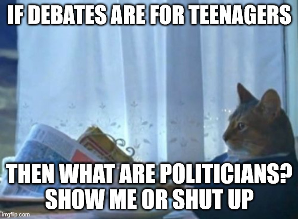 I Should Buy A Boat Cat | IF DEBATES ARE FOR TEENAGERS; THEN WHAT ARE POLITICIANS?
SHOW ME OR SHUT UP | image tagged in memes,i should buy a boat cat | made w/ Imgflip meme maker