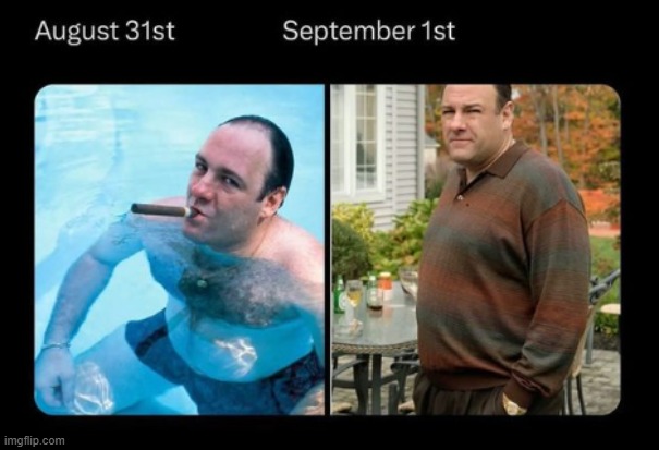 Strange how one day on a calendar can change my outfits | image tagged in weather,tony soprano,september,cold weather | made w/ Imgflip meme maker