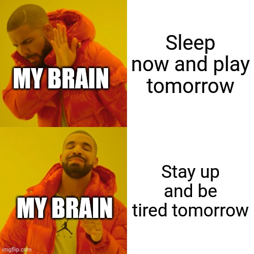 Drake Hotline Bling | Sleep now and play tomorrow; MY BRAIN; Stay up and be tired tomorrow; MY BRAIN | image tagged in memes,drake hotline bling | made w/ Imgflip meme maker