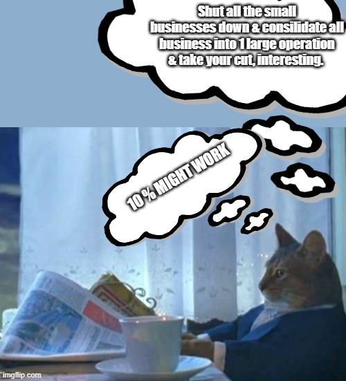 1 is easier to control. | Shut all the small businesses down & consilidate all business into 1 large operation & take your cut, interesting. 10 % MIGHT WORK | image tagged in memes,i should buy a boat cat | made w/ Imgflip meme maker