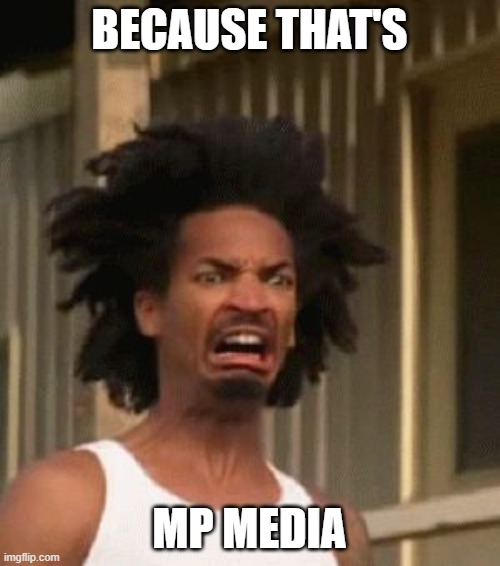 Disgusted Black Guy | BECAUSE THAT'S MP MEDIA | image tagged in disgusted black guy | made w/ Imgflip meme maker