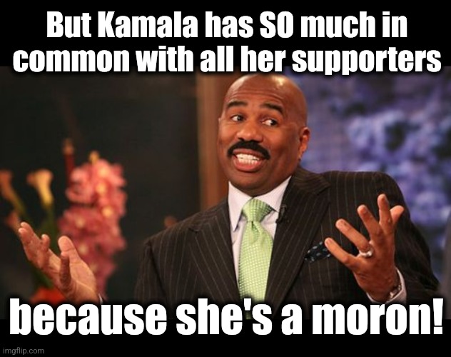 But Kamala has SO much in common with all her supporters because she's a moron! | image tagged in blank black,memes,steve harvey | made w/ Imgflip meme maker