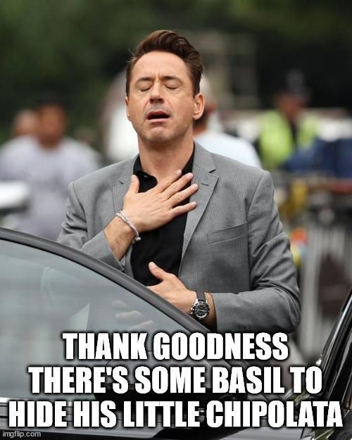 That moment when  | THANK GOODNESS THERE'S SOME BASIL TO HIDE HIS LITTLE CHIPOLATA | image tagged in that moment when | made w/ Imgflip meme maker