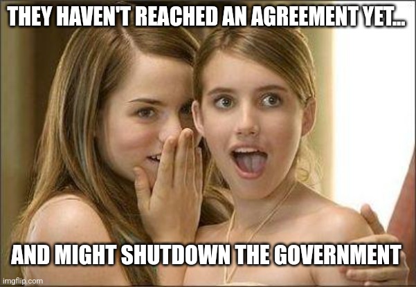 Girls gossiping | THEY HAVEN'T REACHED AN AGREEMENT YET... AND MIGHT SHUTDOWN THE GOVERNMENT | image tagged in girls gossiping | made w/ Imgflip meme maker