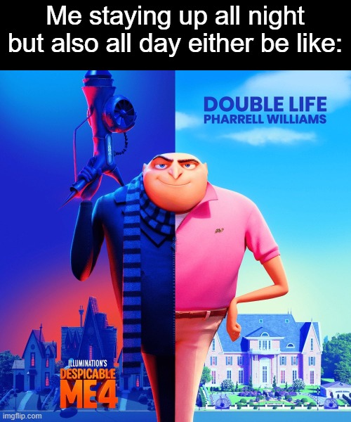 Double Life | Me staying up all night but also all day either be like: | image tagged in double life | made w/ Imgflip meme maker