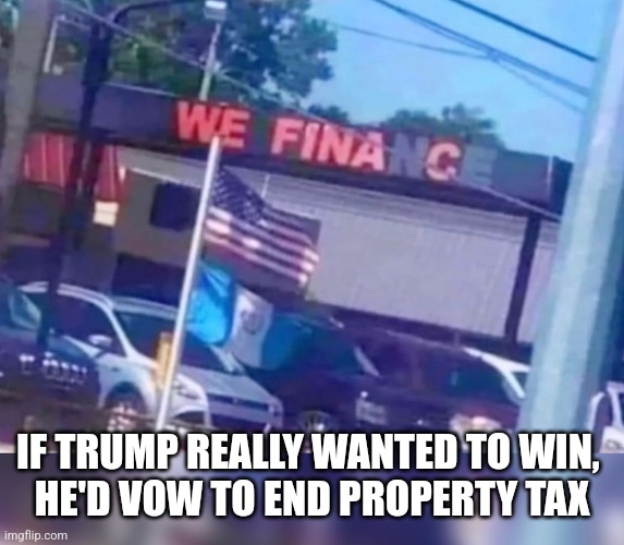 We fina c | IF TRUMP REALLY WANTED TO WIN, 
HE'D VOW TO END PROPERTY TAX | image tagged in we fina c,funny memes | made w/ Imgflip meme maker