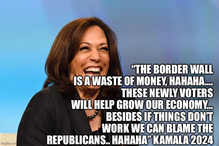 Kamala says | “THE BORDER WALL IS A WASTE OF MONEY, HAHAHA…. THESE NEWLY VOTERS WILL HELP GROW OUR ECONOMY… BESIDES IF THINGS DON’T WORK WE CAN BLAME THE REPUBLICANS.. HAHAHA” KAMALA 2024 | image tagged in kamala harris laughing,drake hotline bling,funny,memes | made w/ Imgflip meme maker