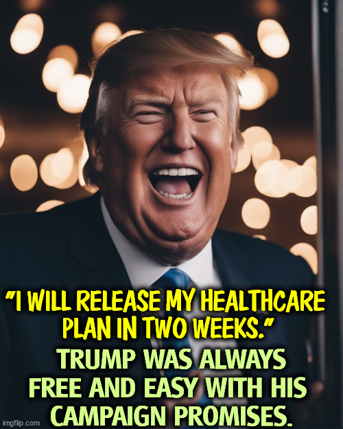 I have a concept of a blueprint of a wishlist of a plan. But it's not quite ready. | "I WILL RELEASE MY HEALTHCARE 
PLAN IN TWO WEEKS."; TRUMP WAS ALWAYS FREE AND EASY WITH HIS 
CAMPAIGN PROMISES. | image tagged in trump,campaign,promises,healthcare,never | made w/ Imgflip meme maker