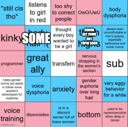 Transfem Bingo | GONNA GET FROM HOT TOPIC SOON; SOME | image tagged in transfem bingo | made w/ Imgflip meme maker