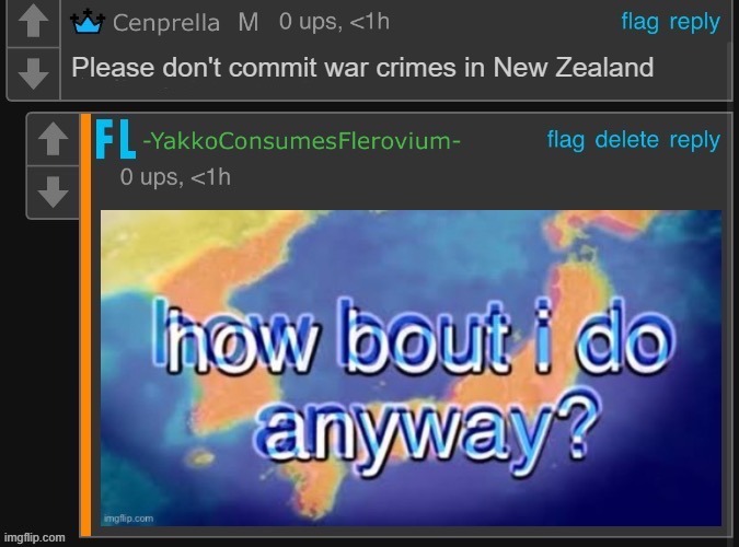 x How bout i do anyway | Please don't commit war crimes in New Zealand | image tagged in x how bout i do anyway | made w/ Imgflip meme maker