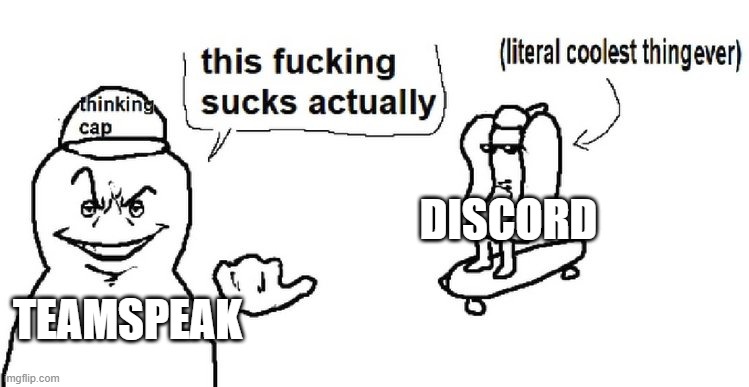 teamspeak vs discord | DISCORD; TEAMSPEAK | image tagged in this sucks actually,teamspeak,discord | made w/ Imgflip meme maker