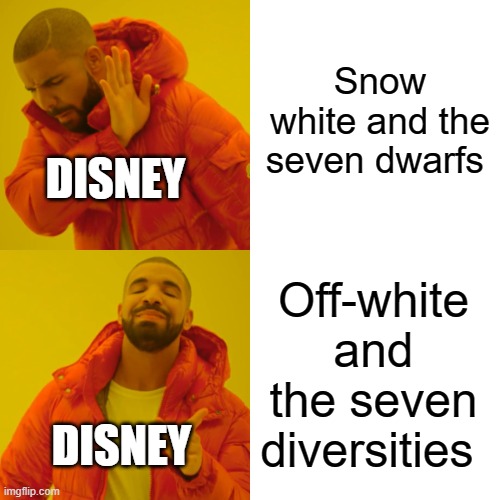 Utter woke nonsense | Snow white and the seven dwarfs; DISNEY; Off-white and the seven diversities; DISNEY | image tagged in memes,drake hotline bling | made w/ Imgflip meme maker