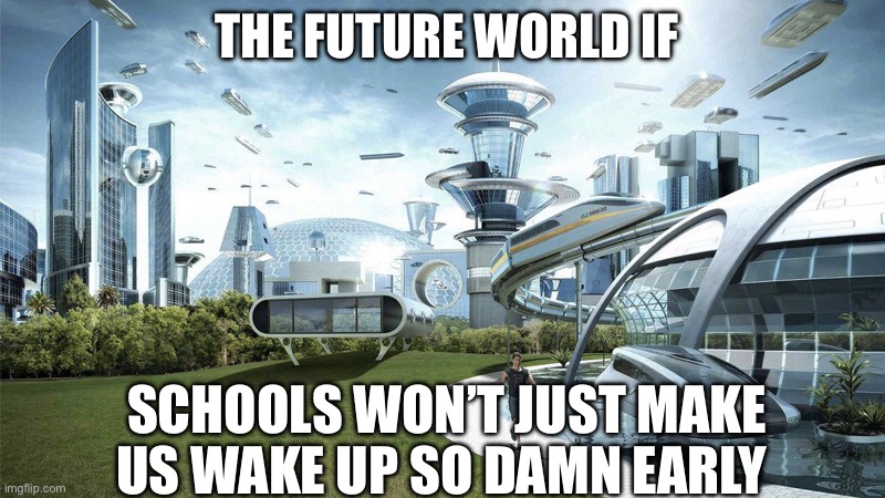 The future world if | THE FUTURE WORLD IF; SCHOOLS WON’T JUST MAKE US WAKE UP SO DAMN EARLY | image tagged in the future world if | made w/ Imgflip meme maker