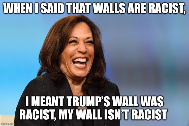 Walls | WHEN I SAID THAT WALLS ARE RACIST, I MEANT TRUMP’S WALL WAS RACIST, MY WALL ISN’T RACIST | image tagged in kamala harris laughing,donald trump,trump wall,politics,political meme | made w/ Imgflip meme maker