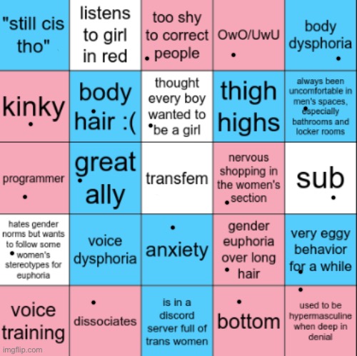 I mean I’m technically not transfem anymore but whateves. | image tagged in transfem bingo | made w/ Imgflip meme maker