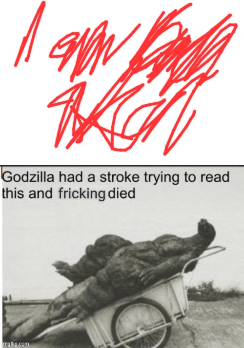 Godzilla had a stroke trying to read this and fricking died | image tagged in godzilla had a stroke trying to read this and fricking died | made w/ Imgflip meme maker