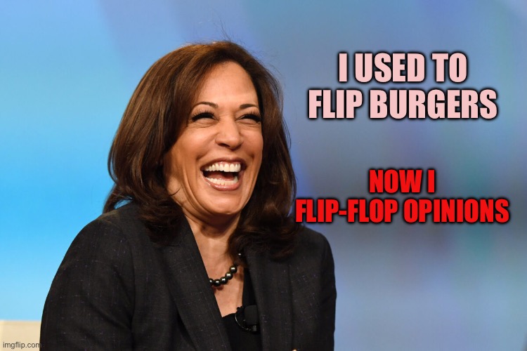 Kamala Harris laughing | I USED TO FLIP BURGERS; NOW I FLIP-FLOP OPINIONS | image tagged in kamala harris laughing | made w/ Imgflip meme maker