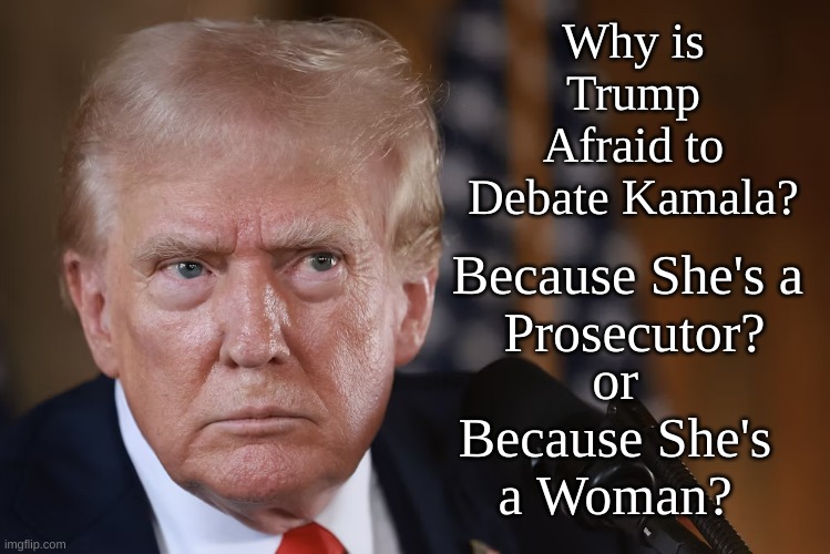 Why is Trump Afraid of Debate? | Why is Trump Afraid to Debate Kamala? or 
Because She's a Woman? Because She's a 
Prosecutor? | image tagged in trump afraid,trump v kamala,trump afraid of woman,trump afraid of prosecutor | made w/ Imgflip meme maker