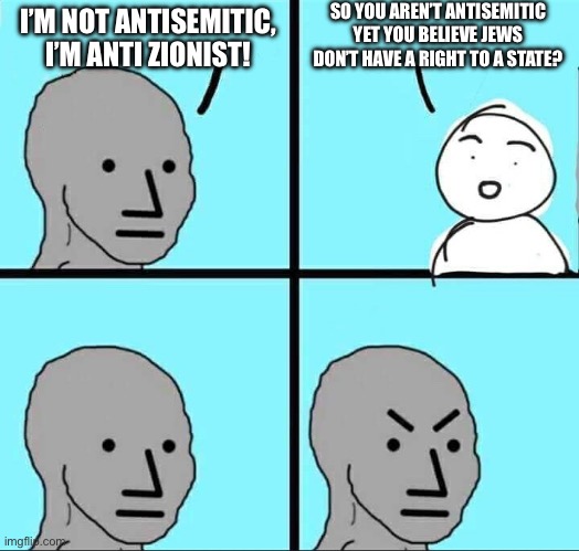 Anti Zionism is antisemitism | SO YOU AREN’T ANTISEMITIC YET YOU BELIEVE JEWS DON’T HAVE A RIGHT TO A STATE? I’M NOT ANTISEMITIC, I’M ANTI ZIONIST! | image tagged in npc meme,israel,palestine | made w/ Imgflip meme maker