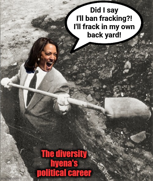 Kamala digging her political grave | Did I say
I'll ban fracking?!
I'll frack in my own
back yard! The diversity hyena's
political career | image tagged in hitchcock digging grave,kamala harris,fracking,memes,lies,democrats | made w/ Imgflip meme maker