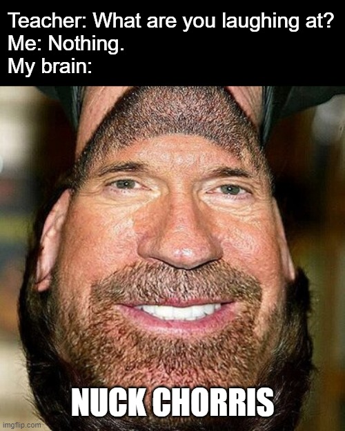 With a spoonerism of Tronald Dump, please. | Teacher: What are you laughing at?
Me: Nothing.
My brain:; NUCK CHORRIS | image tagged in memes,chuck norris,upside down,wordplay,teacher what are you laughing at,my brain | made w/ Imgflip meme maker