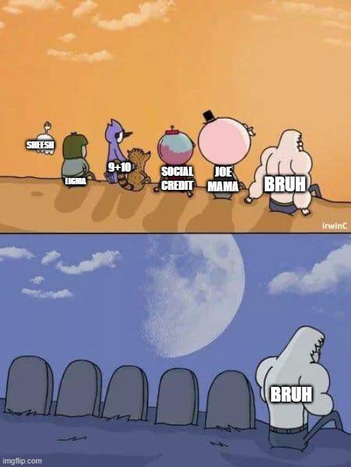 Surviving Brainrot | SHEESH; 9+10; BRUH; LIGMA; JOE MAMA; SOCIAL CREDIT; BRUH | image tagged in regular show graves | made w/ Imgflip meme maker