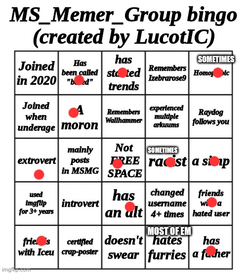 MSMG Bingo - by LucotIC | SOMETIMES; SOMETIMES; MOST OF EM | image tagged in msmg bingo - by lucotic | made w/ Imgflip meme maker