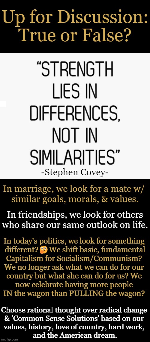 Do we value political correctness over truth? | Up for Discussion:
True or False? -Stephen Covey-; In marriage, we look for a mate w/ 
similar goals, morals, & values. In friendships, we look for others
who share our same outlook on life. In today's politics, we look for something 
different?🤔We shift basic, fundamental
Capitalism for Socialism/Communism? 
We no longer ask what we can do for our 
country but what she can do for us? We 
now celebrate having more people 
IN the wagon than PULLING the wagon? Choose rational thought over radical change 
& 'Common Sense Solutions' based on our 
values, history, love of country, hard work, 
and the American dream. | image tagged in political compass,opinion,question,discussion,know the difference,america | made w/ Imgflip meme maker