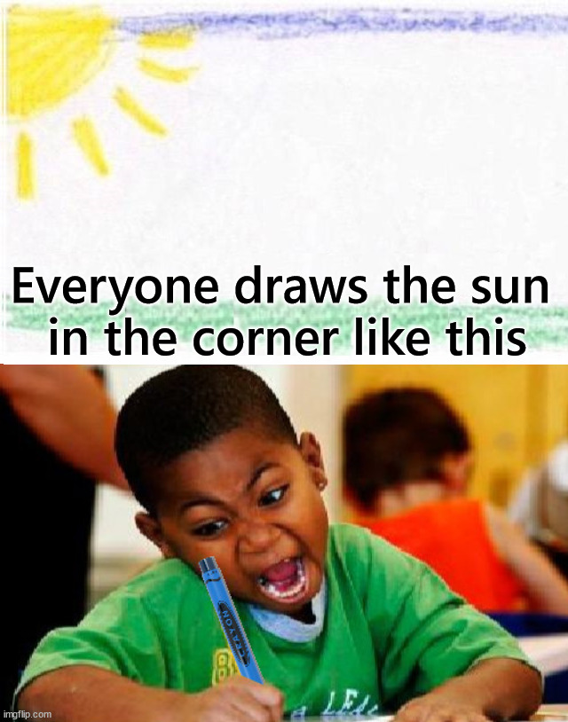 Art class | Everyone draws the sun 
in the corner like this | image tagged in school | made w/ Imgflip meme maker