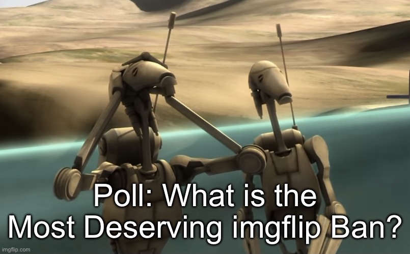 Share your opinion on what is the most Deserving imgflip Ban! | Poll: What is the Most Deserving imgflip Ban? | image tagged in funni battle droids | made w/ Imgflip meme maker