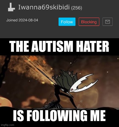 THE AUTISM HATER; IS FOLLOWING ME | image tagged in hollow knight stabbing itself | made w/ Imgflip meme maker