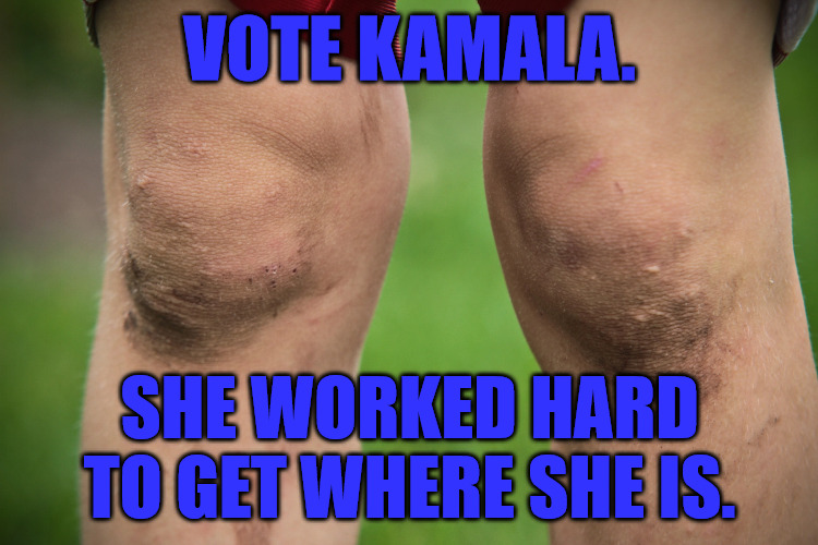 Hard Working Kamala | VOTE KAMALA. SHE WORKED HARD TO GET WHERE SHE IS. | image tagged in dirty knees | made w/ Imgflip meme maker