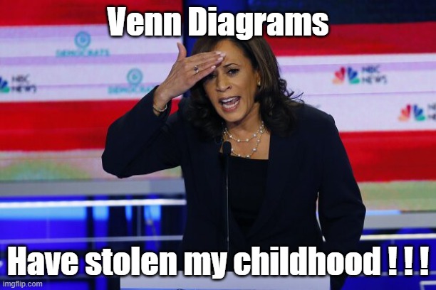 Distraught Kamala over Venn Diagrams | Venn Diagrams; Have stolen my childhood ! ! ! | image tagged in distraught kamala,venn diagrams | made w/ Imgflip meme maker