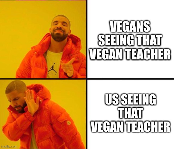 drake yes no reverse | VEGANS SEEING THAT VEGAN TEACHER US SEEING THAT VEGAN TEACHER | image tagged in drake yes no reverse | made w/ Imgflip meme maker