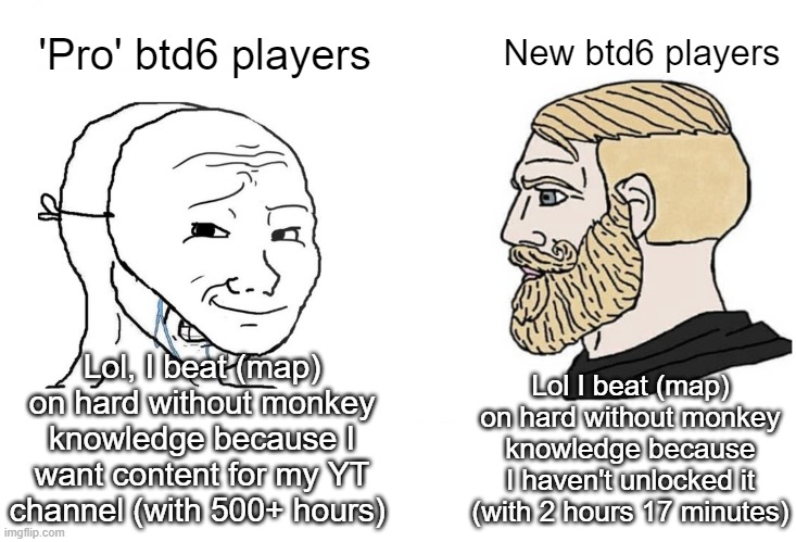 Masked wojak vs. Chad | 'Pro' btd6 players; New btd6 players; Lol, I beat (map) on hard without monkey knowledge because I want content for my YT channel (with 500+ hours); Lol I beat (map) on hard without monkey knowledge because I haven't unlocked it (with 2 hours 17 minutes) | image tagged in masked wojak vs chad | made w/ Imgflip meme maker
