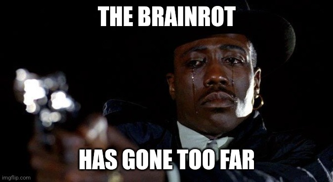 Lost a brother to brainrot | THE BRAINROT; HAS GONE TOO FAR | image tagged in crying man with gun | made w/ Imgflip meme maker