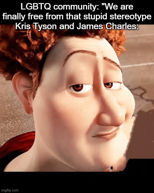 Titan smirk | LGBTQ community: "We are finally free from that stupid stereotype
Kris Tyson and James Charles: | image tagged in titan smirk | made w/ Imgflip meme maker